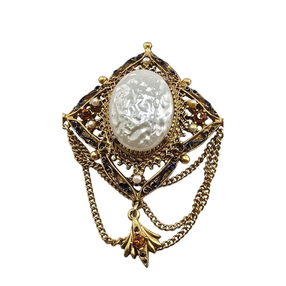 Vintage Florenza Faux Pearl and Rhinestone Brooch with Chain (A1985)